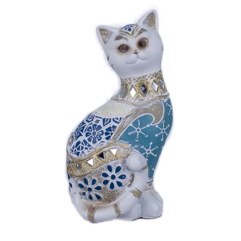 Figura Decorativa Gato Blanco Motivos Florales Diseño Étnico 18 cm