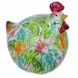 Figura Decorativa Hucha Gallina Resina Flores Jungla Verde 18 cm
