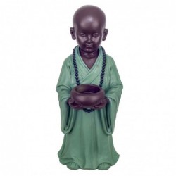 Figura Decorativa Portavelas Monje Budista Traje Verde Resina 30 cm