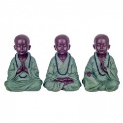 Set Figura Decorativa Monje Budista x3 Traje Verde Resina 17 cm