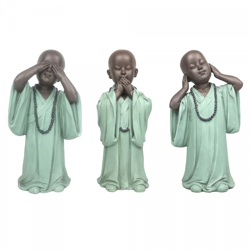 Set Figura Decorativa Monje Budista x3 No Ve No Oye No Habla Resina 24 cm