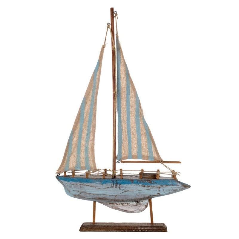 Figura Barco Velero Base Madera Decorativo Blanco Azul 37 cm