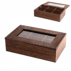 Caja de madera grabada. con 6 compartimentos
