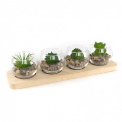 Centro de mesa de madera con 4 plantas decorativas en bolas de cristal