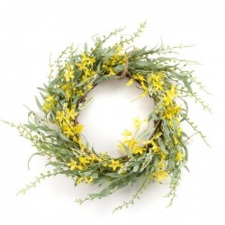 Corona artificial de hojas 35 cm con flores amarillas