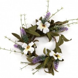 Corona artificial de hojas para vela 20 cm con flores en blanco y lila