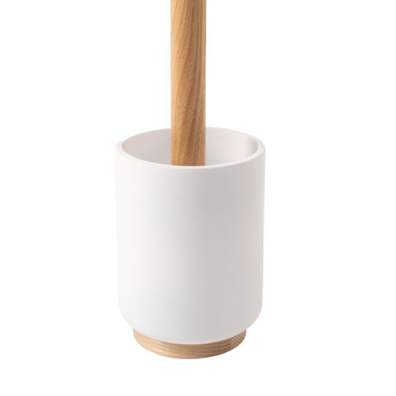 Escobillero Baño WC Poliresina Blanco con Base y Mango de Madera Marrón Elegante Boho 36 cm