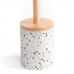 Escobillero Baño WC Poliresina Efecto Granito Blanco con Tapa y Mango de Madera Bambú Marrón Elegante Rústico 39 cm
