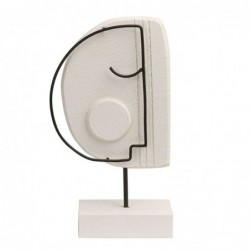 Figura Decorativa Cara Abstracta en Peana Madera Blanca Decoración Salón Elegante Boho 23 cm