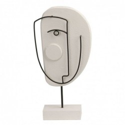 Figura Decorativa Cara Abstracta en Peana Madera Blanca Decoración Salón Elegante Boho 30 cm