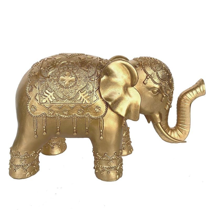 Figura Decorativa Elefante Indio Étnico Resina Dorada 39 cm