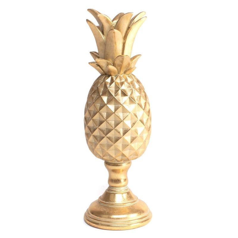 Figura Decorativa Piña Dorada en Peana Elegante Moderna Poliresina 25 cm