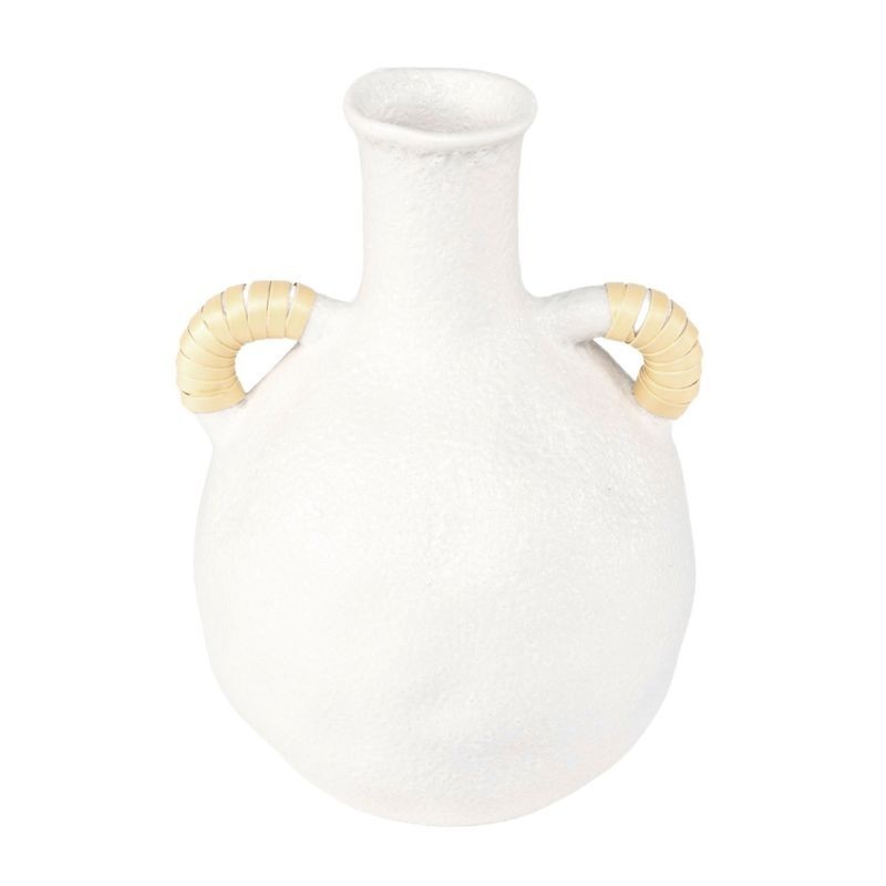 Jarrón Decorativo Cerámica Blanco Anfora con Asas Mimbre Rústico Vintage 16 cm