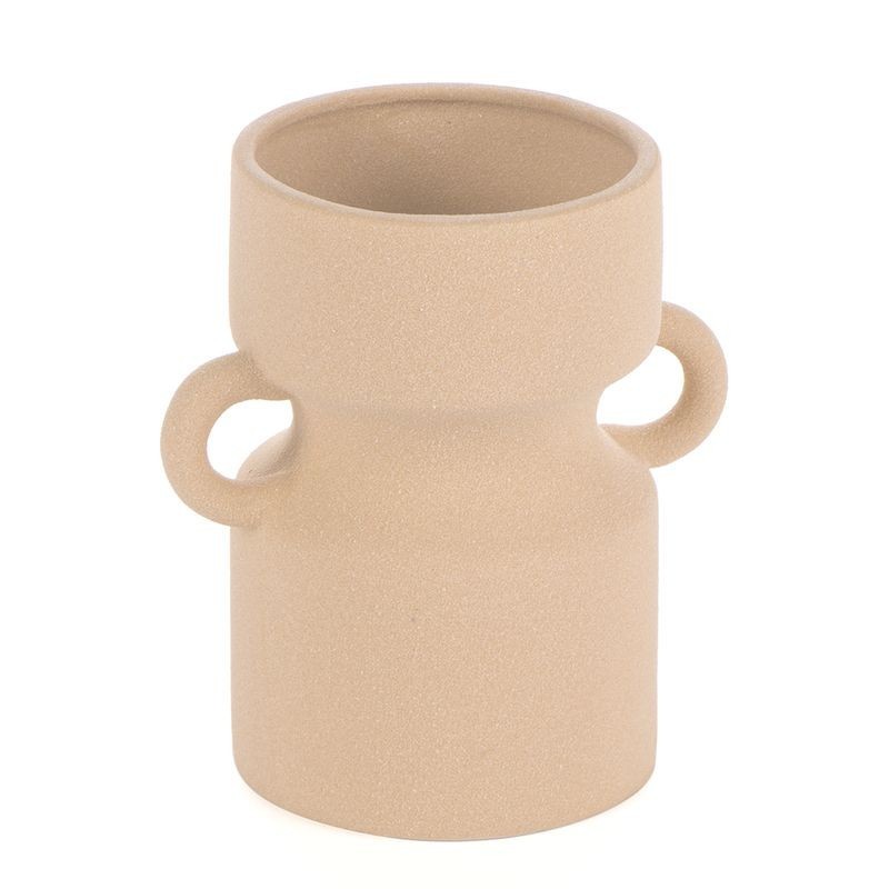 Jarrón Decorativo con Asas Cerámica Efecto Arcilla Beige 15 cm