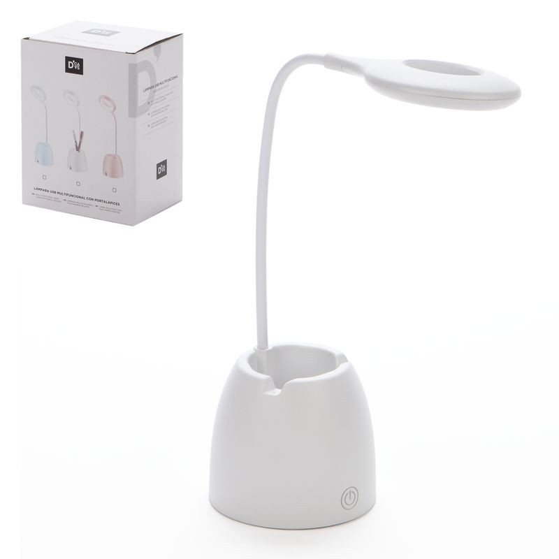 Lámpara Anillo LED Escritorio USB con Cubo Portalápices Plástico Blanco 44 cm