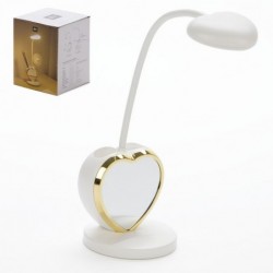 Lámpara LED Escritorio USB con Corazón Dorado Espejo Portalápices Plástico Blanco 41 cm