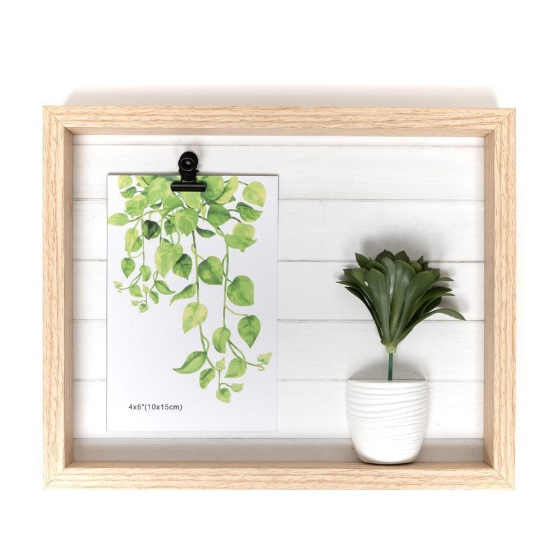 Panel Marco de Fotos Notas Pared Cuadro Portafotos Madera Decorativo con Planta Artificial Dibujos Plantas 25 cm