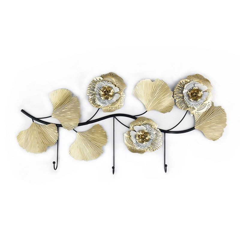 Perchero Pared Decorativo Colgador Metálico 3 Ganchos Adorno Flores Doradas Elegante 79 cm