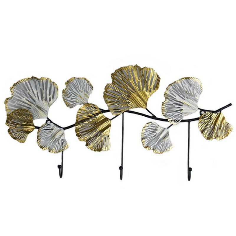 Perchero Pared Decorativo Colgador Metálico 3 Ganchos Adorno Hojas Doradas Elegante 60 cm