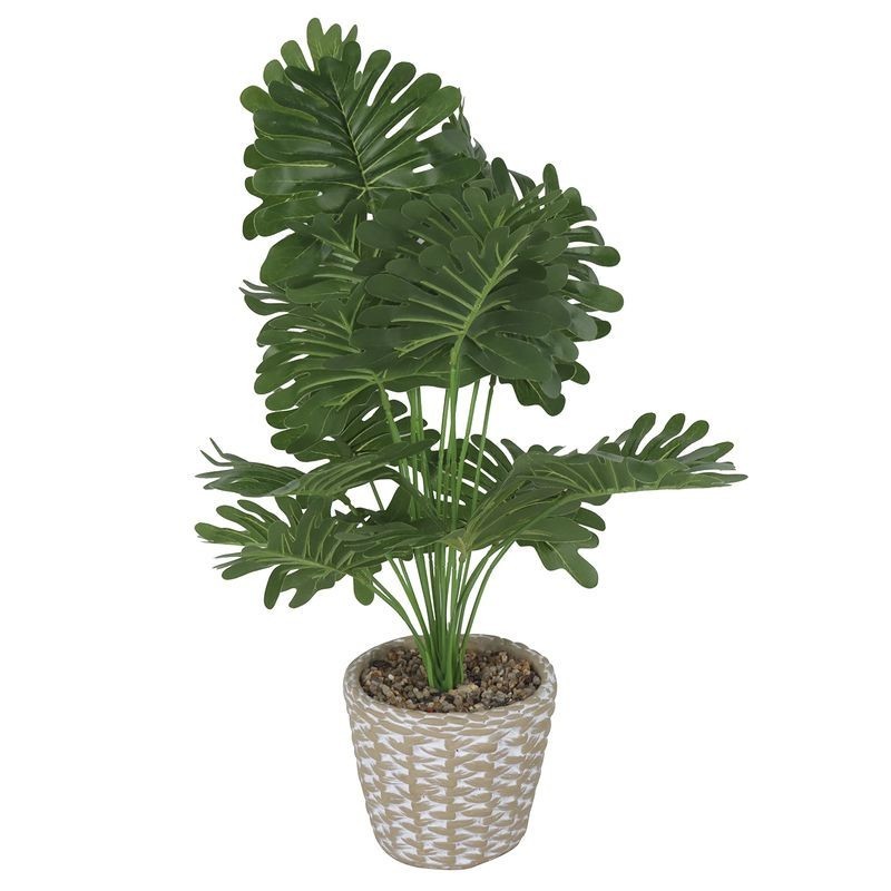 Planta Artificial Hojas Verdes Grandes Maceta Cemento Decoración Interior Exterior 56 cm