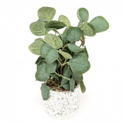 Planta Artificial Hojas Verdes Maceta Efecto Granito Blanco Decoración Interior Exterior 10 cm
