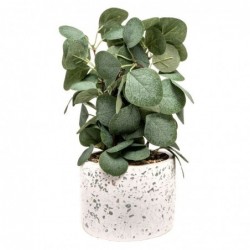 Planta Artificial Hojas Verdes Maceta Efecto Granito Blanco Decoración Interior Exterior 14 cm