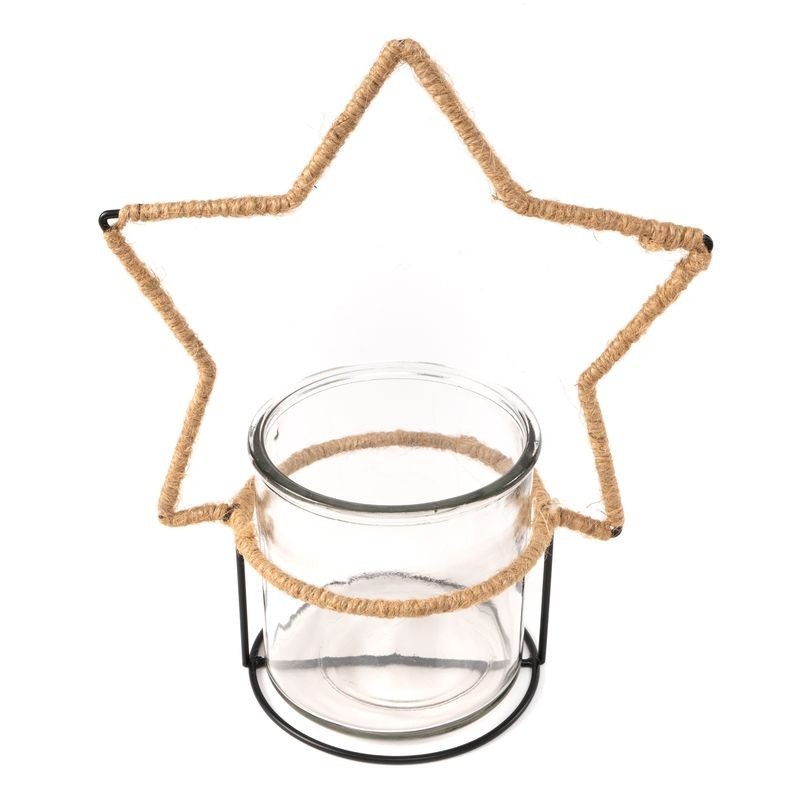 Portavelas Decorativo Estrella Navidad Mimbre Yute Boho 18 cm