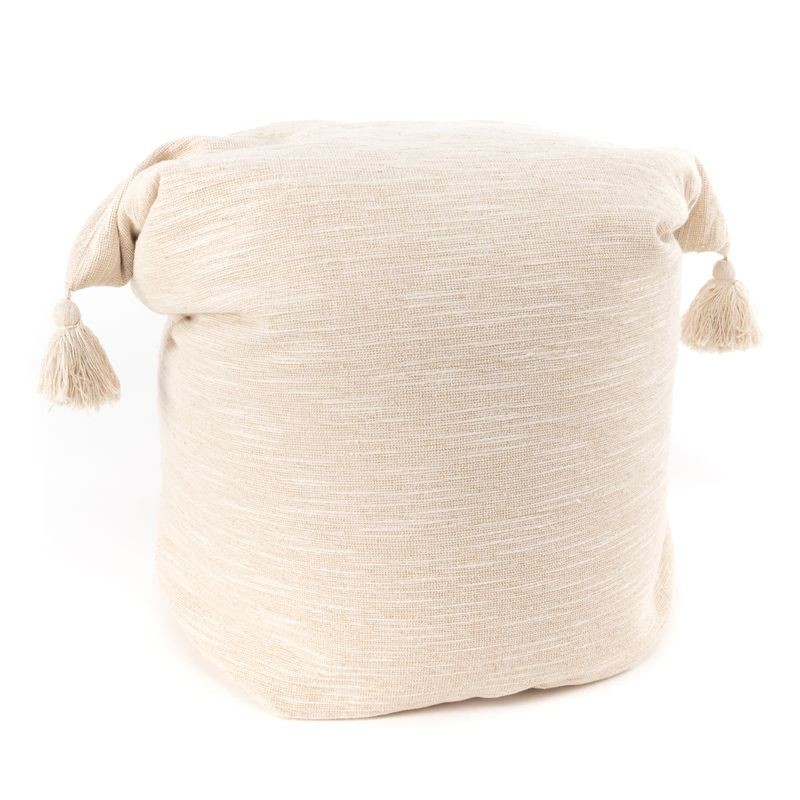 Puff Cojín Suelo Taburete Algodón Beige con Pompones Decoración Boho 45 cm