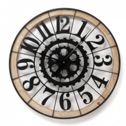 Reloj Pared Redondo Hueco Madera Engranaje Metal Negro Diseño Industrial Elegante 60 cm