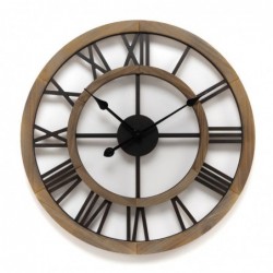 Reloj Pared Redondo Hueco Madera Números Romanos Negro Diseño Industrial Elegante 60 cm