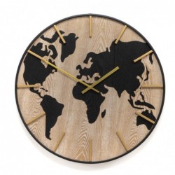 Reloj Pared Redondo Madera Mapamundi Mapa Negro Diseño Industrial Elegante 60 cm