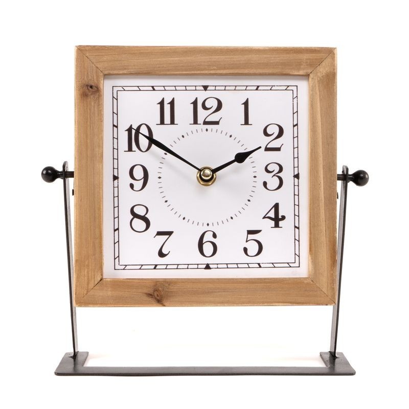 Reloj Sobremesa Cuadrado Madera Base Metal Diseño Vintage Industrial Elegante 23 cm