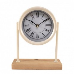 Reloj Sobremesa Metálico Color Crema Base Madera Diseño Vintage Elegante 27 cm