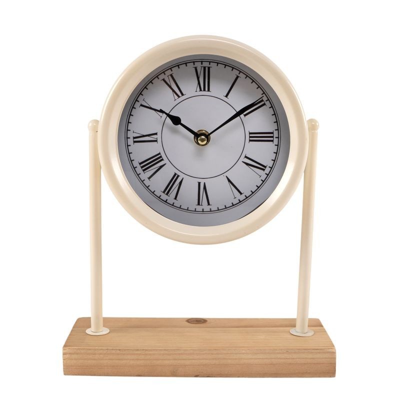Reloj Sobremesa Metálico Color Crema Base Madera Diseño Vintage Elegante 27 cm