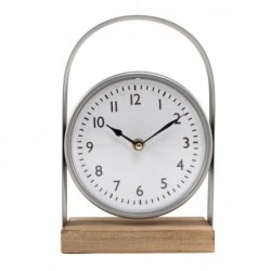 Reloj Sobremesa Metálico Gris Base Madera Diseño Elegante 28 cm