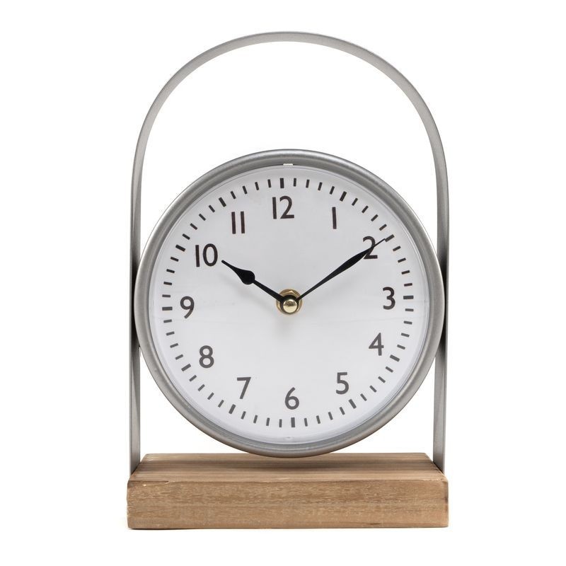 Reloj Sobremesa Metálico Gris Base Madera Diseño Elegante 28 cm