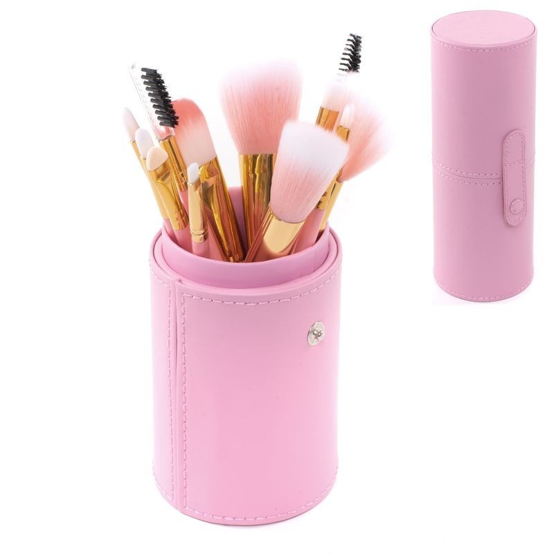 Set 12 Brochas Maquillaje Rostro Ojos Cejas Pestañas Estuche Cilindro  Polipiel Rosa 18 cm