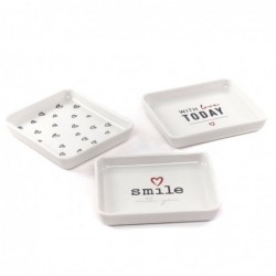 Set Bandeja Decorativa Cuadrada x3 Plato Vaciabolsillos Joyero Cerámica Blanca Corazones Amor 8 cm