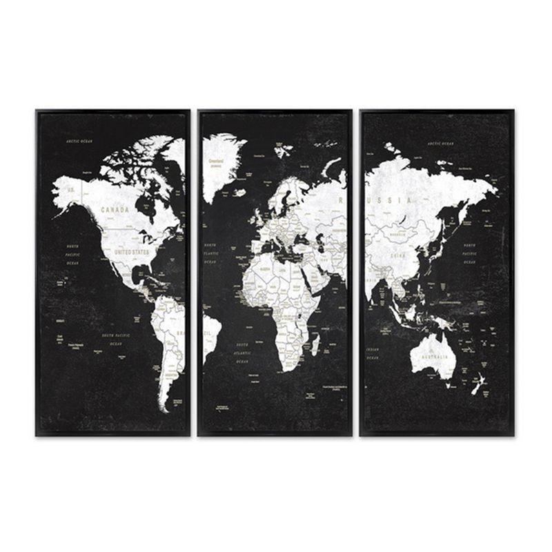 Set Cuadro Decorativo Lienzo 3 Cuadros Mapa Mapamundi Negro Decoración Pared 80x38 cm