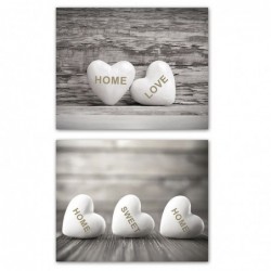 Set Cuadro Decorativo x2 Lienzo Fotografía Blanco y Negro Corazones Home Sweet Home Decoración Pared 40x50 cm