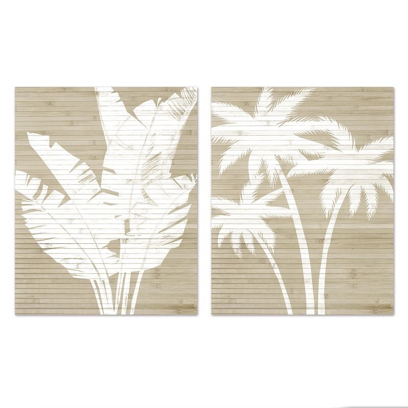 Set Cuadro Decorativo x2 Lienzo Madera Pintada Plantas Tropicales Blanco Palmeras Decoración Pared Playa 40x50 cm