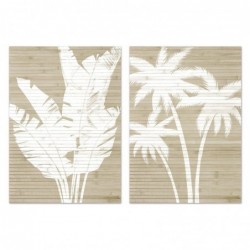 Set Cuadro Decorativo x2 Lienzo Madera Pintada Plantas Tropicales Blanco Palmeras Decoración Pared Playa 50x70 cm