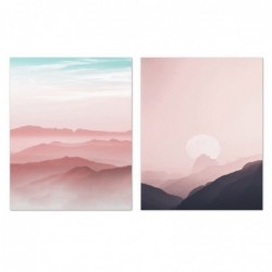 Set Cuadro Decorativo x2 Lienzo Paisaje Montañas Rosas Decoración Pared Elegante 40x50 cm