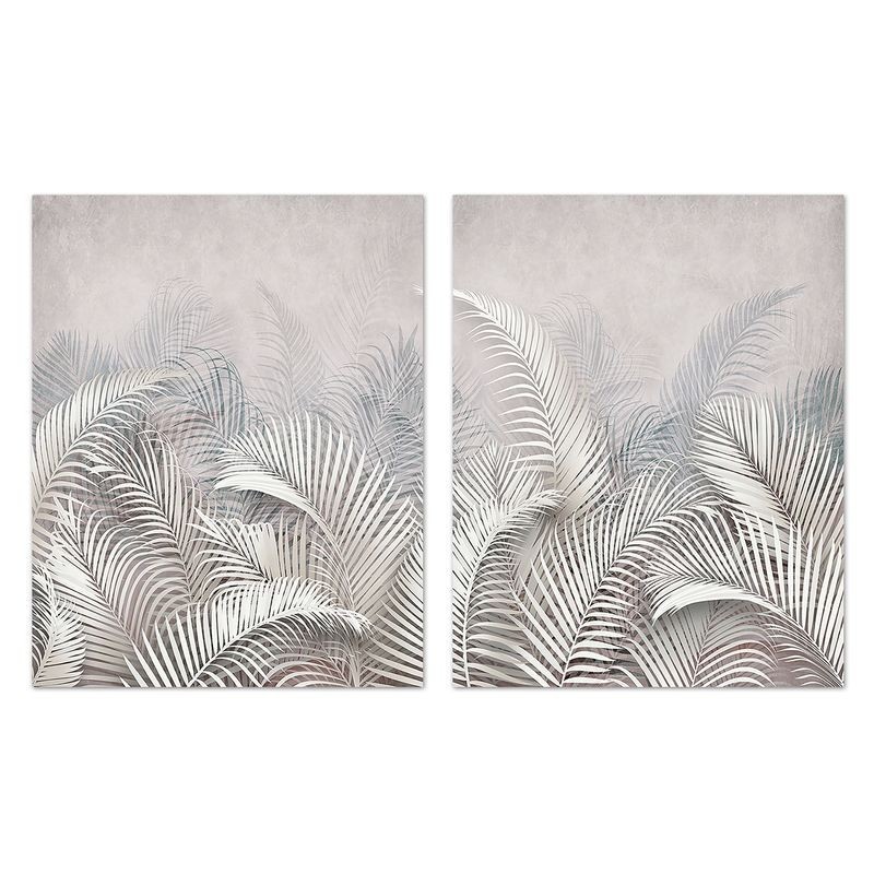 Set Cuadro Decorativo x2 Lienzo Palmeras Plantas Tropicales Blanco Decoración Pared Elegante 40x50 cm