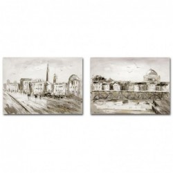 Set Cuadro Decorativo x2 Lienzo Pintura Paisaje Ciudad Pueblo Gris Decoración Pared 50x70 cm