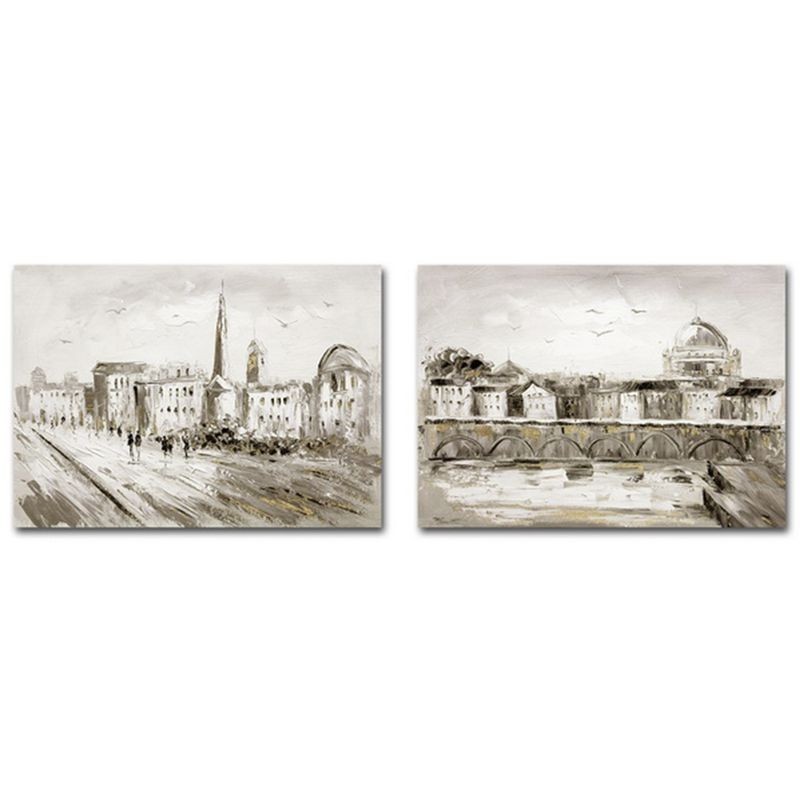 Set Cuadro Decorativo x2 Lienzo Pintura Paisaje Ciudad Pueblo Gris Decoración Pared 50x70 cm