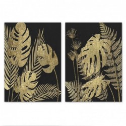 Set Cuadro Decorativo x2 Lienzo Plantas Tropicales Dorado y Negro Decoración Pared Elegante 50x70 cm