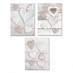 Set Cuadro Decorativo x3 Lienzo Corazones Madera Beige Boho Decoración Pared 30x40 cm