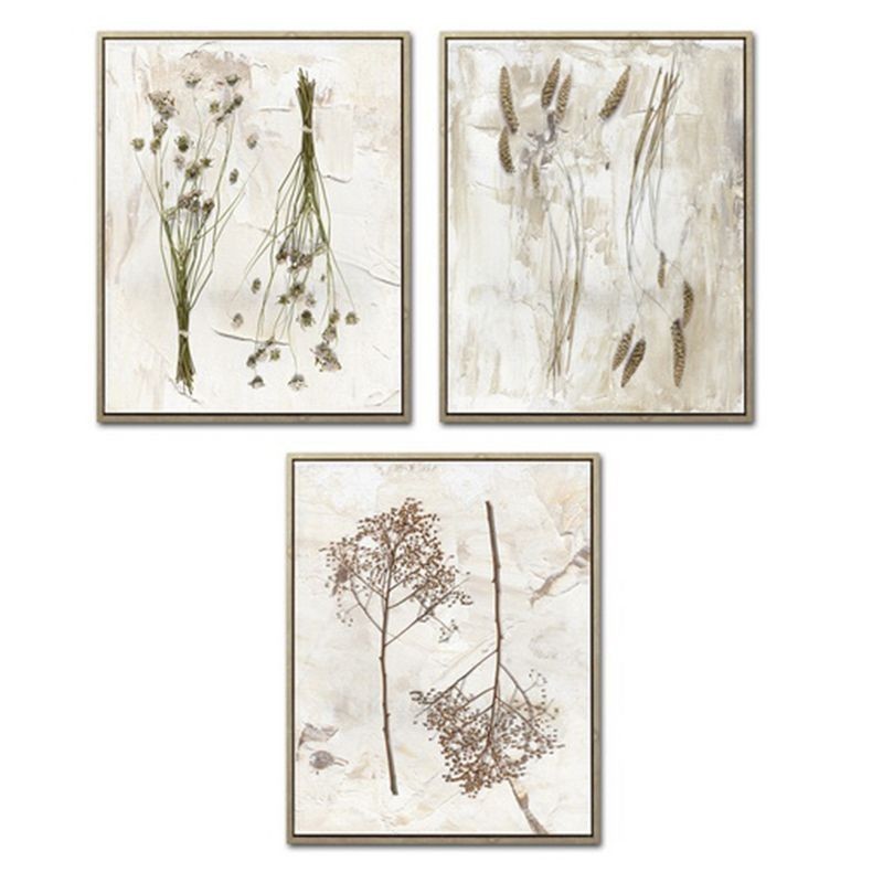 Set Cuadro Decorativo x3 Lienzo Flores Secas Beige Decoración Pared Boho 40x50 cm