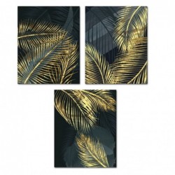 Set Cuadro Decorativo x3 Lienzo Palmeras Plantas Tropicales Dorado y Negro Decoración Pared Elegante 40x50 cm